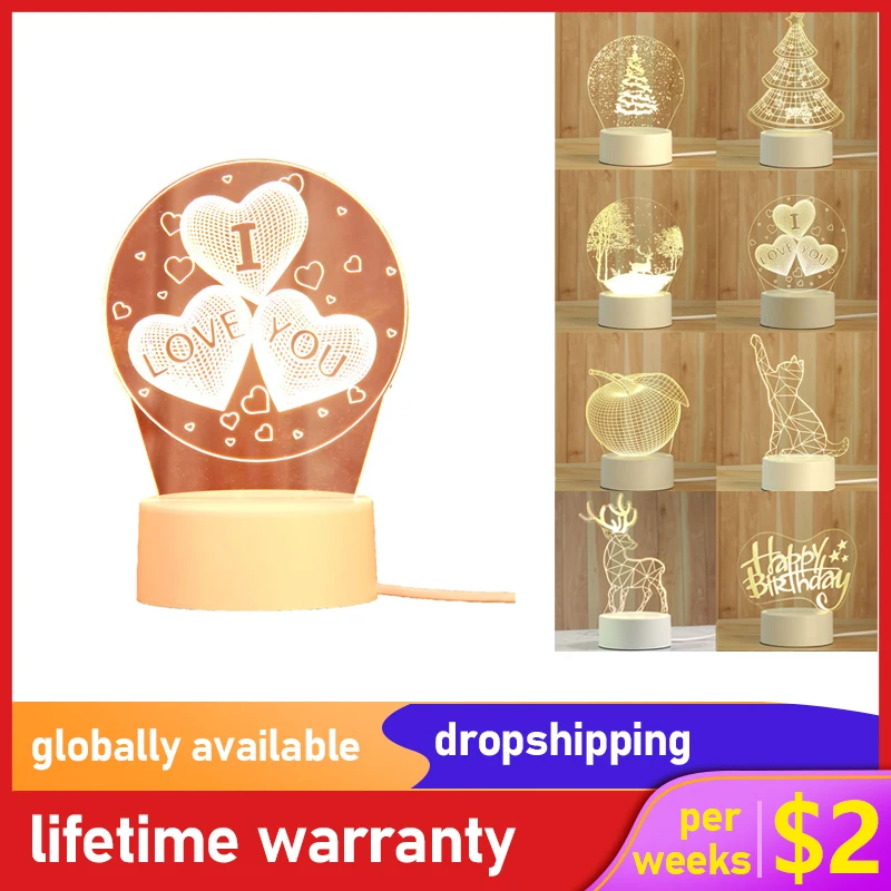 

Bedroom Night Light Christmas Tree Elk Love Creative Pattern Acrylic 3D Night Light LED Romantic Lighting Dropshipping