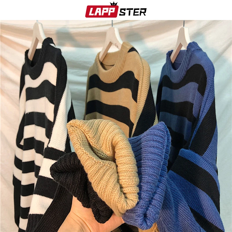 LAPPSTER Men Harajuku Oversized Sweater Fall Pullover Man Fake Two Pieces Streetwear Sweater Korean Fashion Striped Clothes
