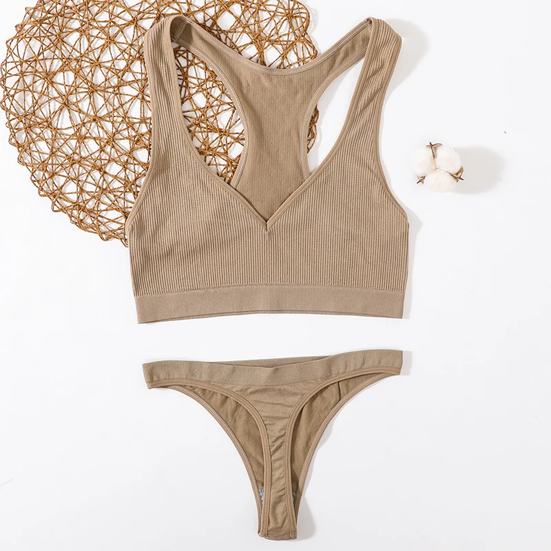 Бесшовный Женский комплект нижнего белья женский спортивный в рубчик модный