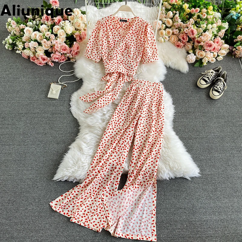

New V-neck Print Two-piece Shirt For Women 2021 Summer Fashion Leisure Split Wide Leg High Waist Pant Suits Bandage Short Sleeve