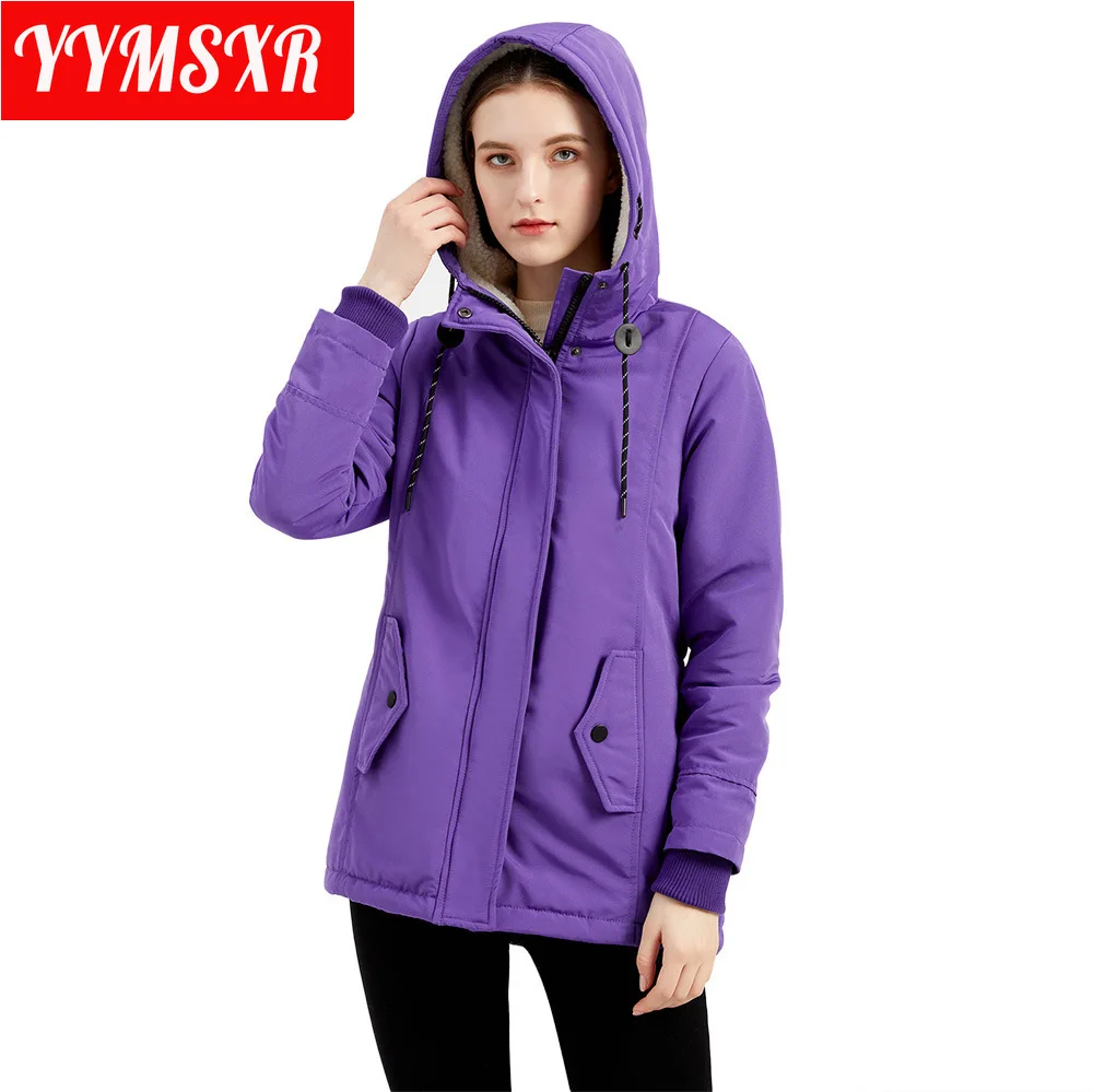 Women's Cotton Top Coat 2021 Autumn and Winter New Warm Thick Plus Velvet Casual Hooded Jacket Mid-length Solid Color All-match