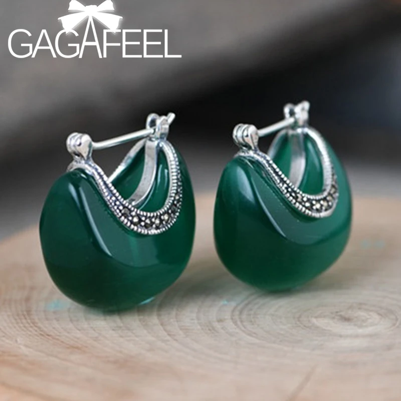 

GAGAFEEL 925 Sterling Silver Inlaid Synthetic Opal Earrings Thai Silver Simple Classic Drop Earrings Female Temperament Jewelry