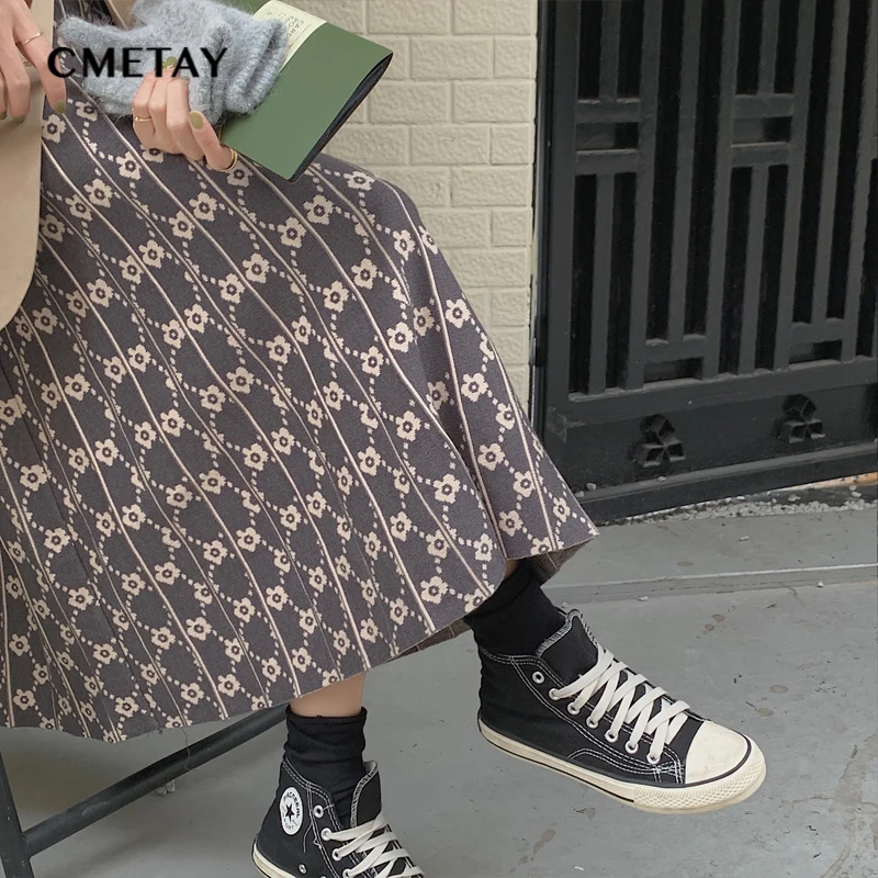 

Retro Floral Skirts Women High Waist Mid-Length 2021 New Elegant Knitted Skirt Casual A-Line Stretch Waist Black Big Swing Skirt