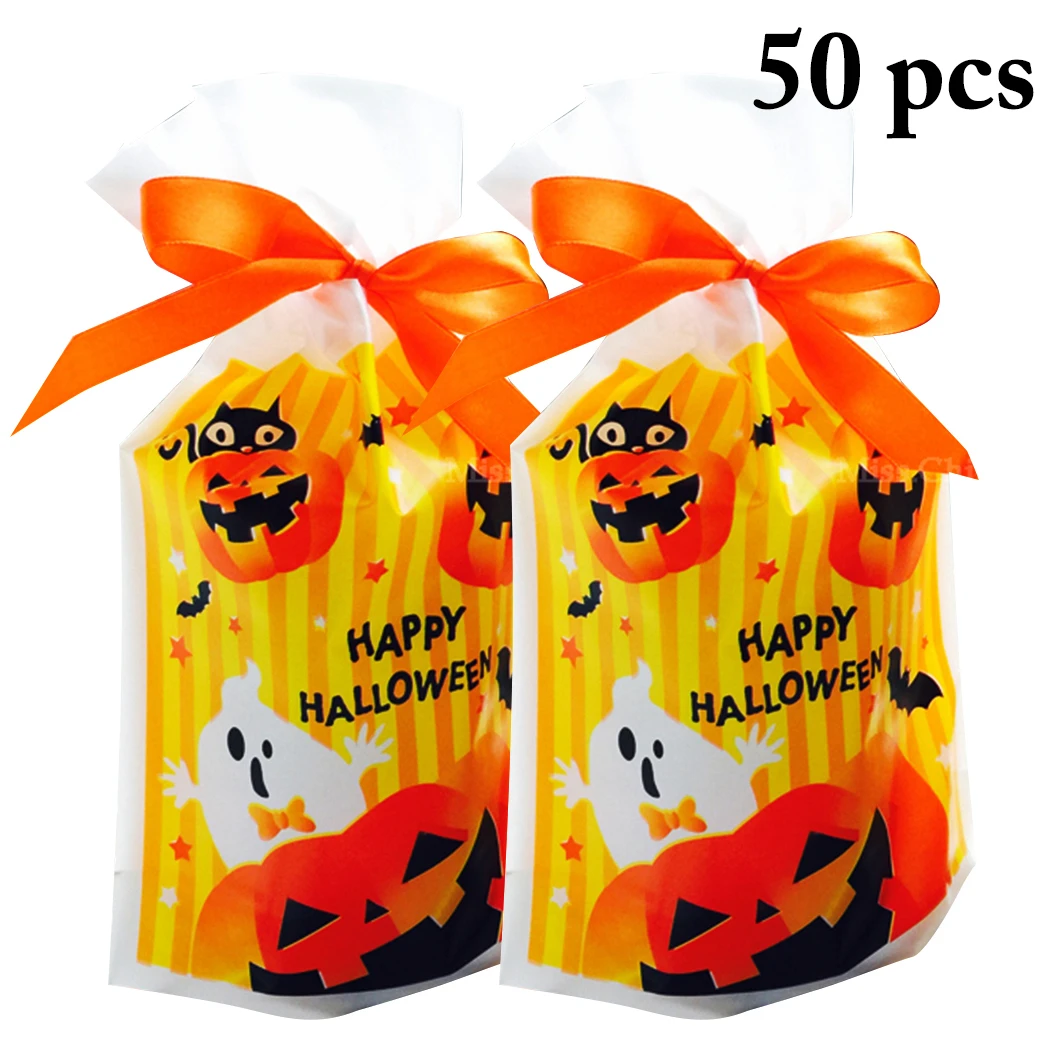 

50pcs Halloween Treat Bag Creative Pumpkin Candy Plastic Drawstring Bag Cookie Snack Halloween Party Decor Gift Bags