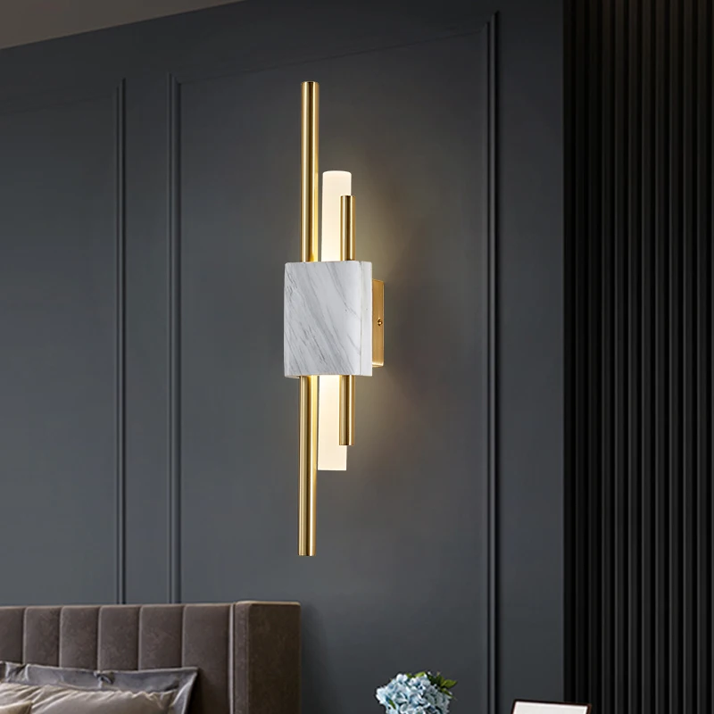 

Nordic Copper Wall Lamp Modern LED Wall Light Creative Bedside Marble Light Living Room Bedroom Background Mounted Sconce