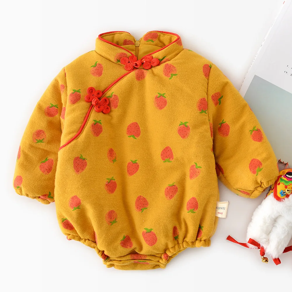 Yellow Strawberry Китайский стильный детский комбинезон, толстый теплый детский комбинезон, осенне-зимняя детская одежда - Цвет: Yellow Strawberry