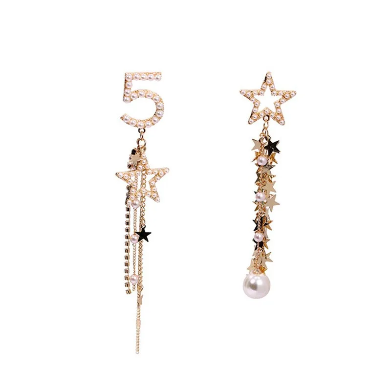 

Korean New Number Five Pearl Earrings Female Star Tassel Asymmetric Shiny Earring for Girls Original Fashion Trend Jewelry Gifts