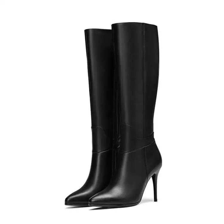 Высокие сапоги с острым носком на тонком каблуке зимние кожаные высоком 9