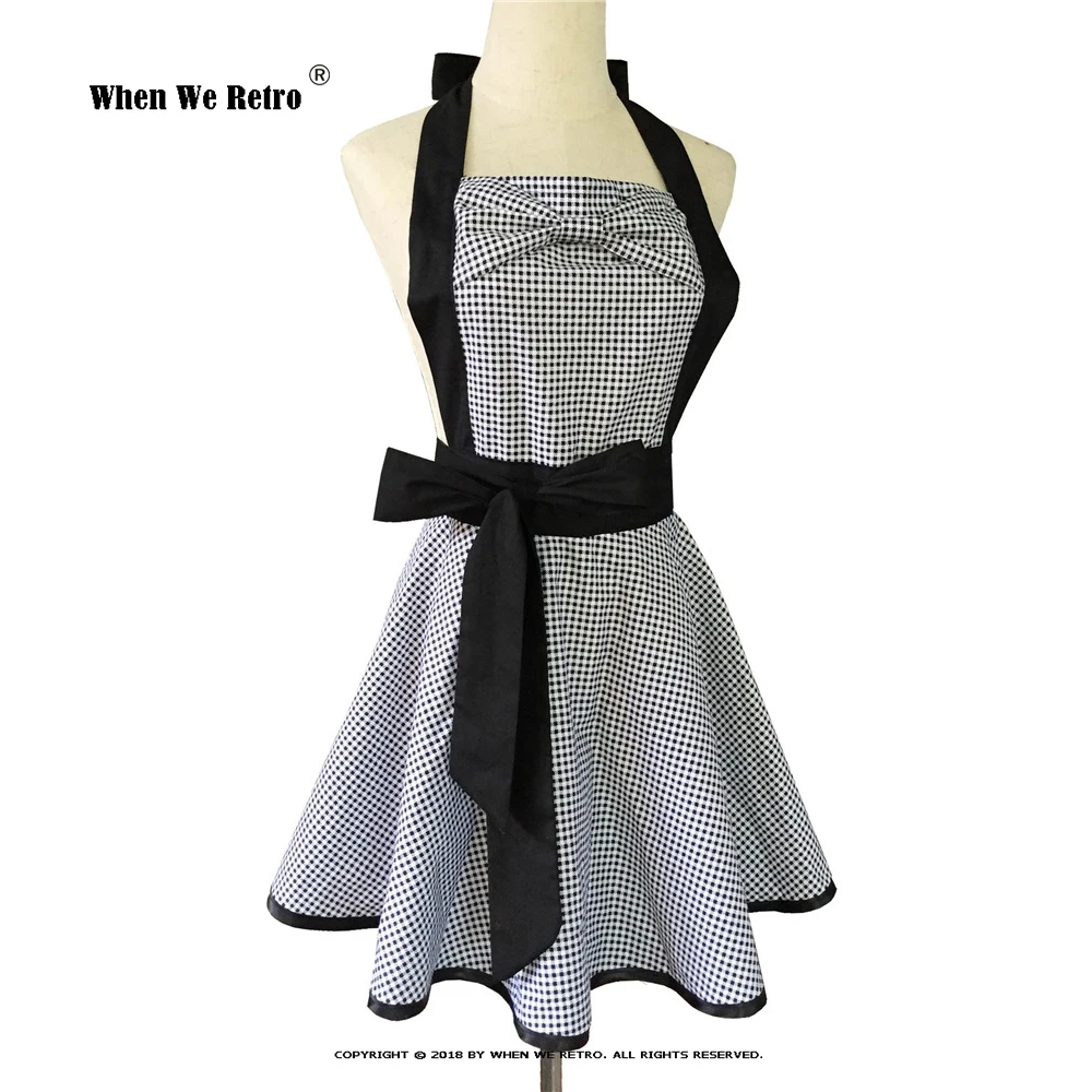 Plaid Retro Cotton Vintage Apron VD2517 Halter Bow Milk Tea Shop kitchen work Aprons for Women Waitress Clothing |