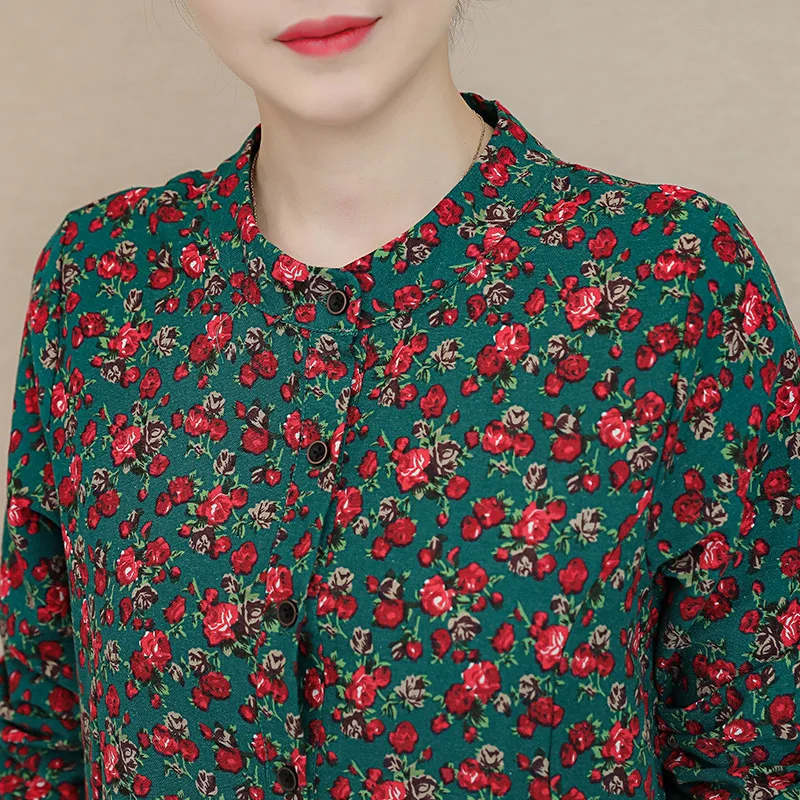 

2020 Autumn New Artistic Retro Stand Collar Small Floral Midi Skirt Loose Slimming Cotton and Linen Long Sleeve Dress for Women