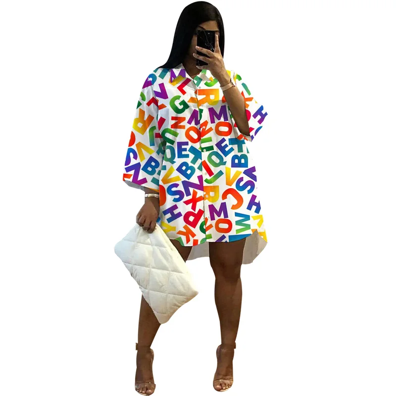 

2021 Autumn Letter Long Sleeve Shirt Dress Women Turn-Down Collar Button Up Loose Blouse Dress Casual Streetwear Oversized Dress