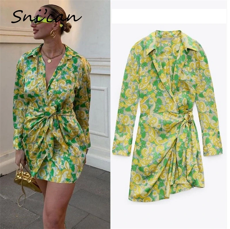 

Snican Green Sunflower Print Knots Asymmetric Short Dress Za Women 2021 Spring Summer Fashion Long Sleeve Mini Robes Vestidos