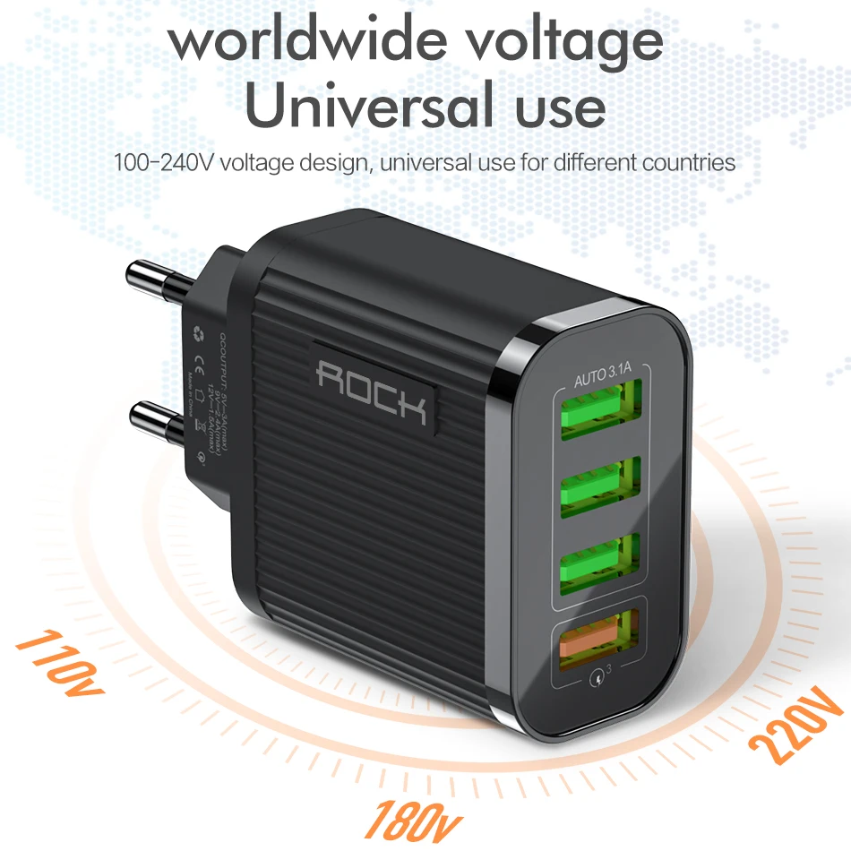 ROCK USB зарядное устройство быстрая зарядка QC 3 0 супер 4 порта портативный мобильный