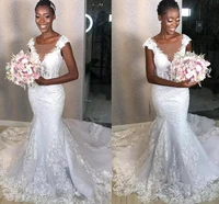 mermaid wedding dresses african cap short sleeve lace appliques bridal gowns sheer neck customsize long fashion wedding dress