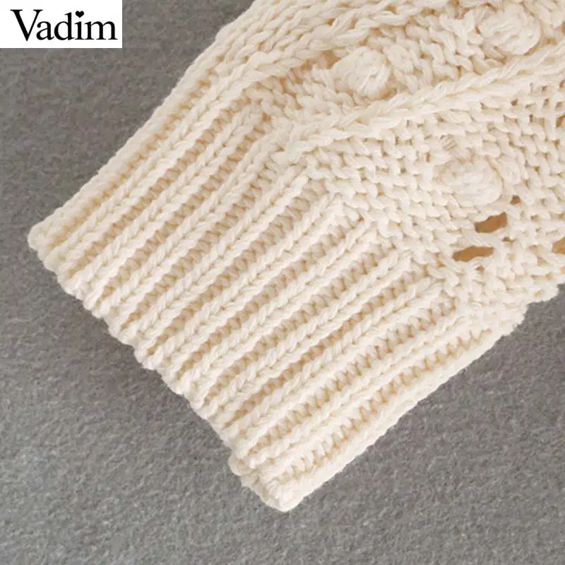 Vadim милый Женский вязаный выдалбливают сплошной свитер Длинные рукава с круглым