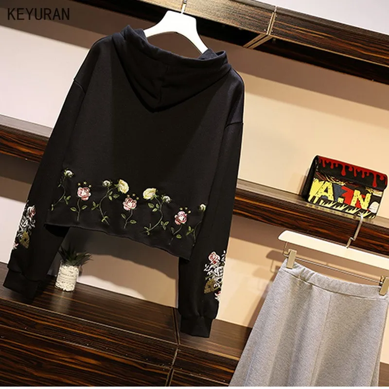 

Plus Size Women's Suit Hoodies Sweatshirt Letter Floral Embroidery Top + A-Line Skirt Two Piece Set Korean Outfits Spring Autumn