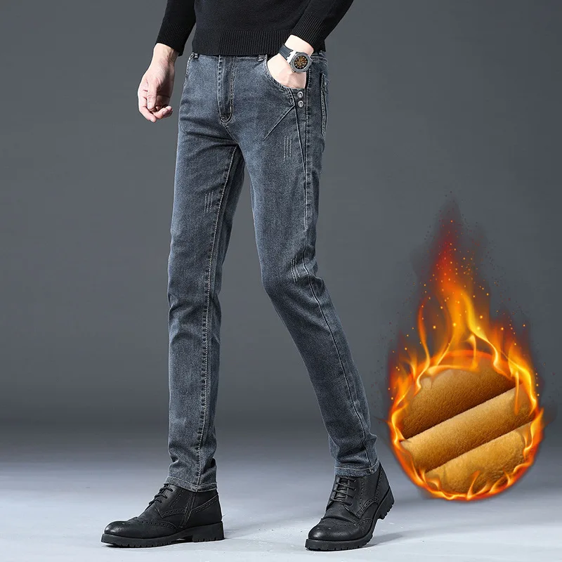 

Autumn Winter Stretch Plus Velvet Thick Jeans Men Small Straight High-End Skinny Youth Fashion Streetwear Casual Long Trousers