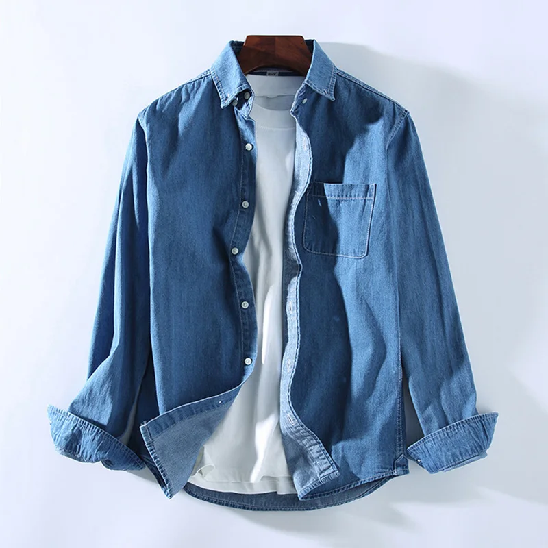 Мужская хлопковая рубашка с длинным рукавом Повседневная джинсовая