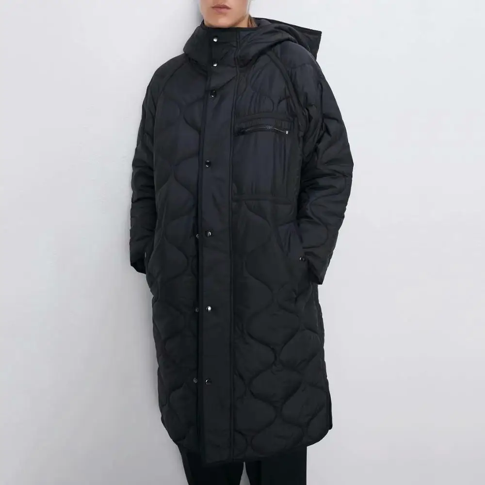 Женская длинная куртка с капюшоном ZA черная Повседневная приталенная хлопковая