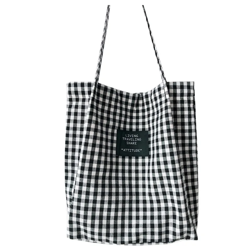 

Women Plaid Canvas Shoulder Bag Female Cotton Cloth Bag Eco Environmental Shopping Bag Girl Simple Literary Checked Handbag Tote