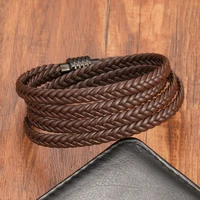 simple punk style multilayer braided genuine leather bracelet with stainless steel magnetic clasp for men women free shipping