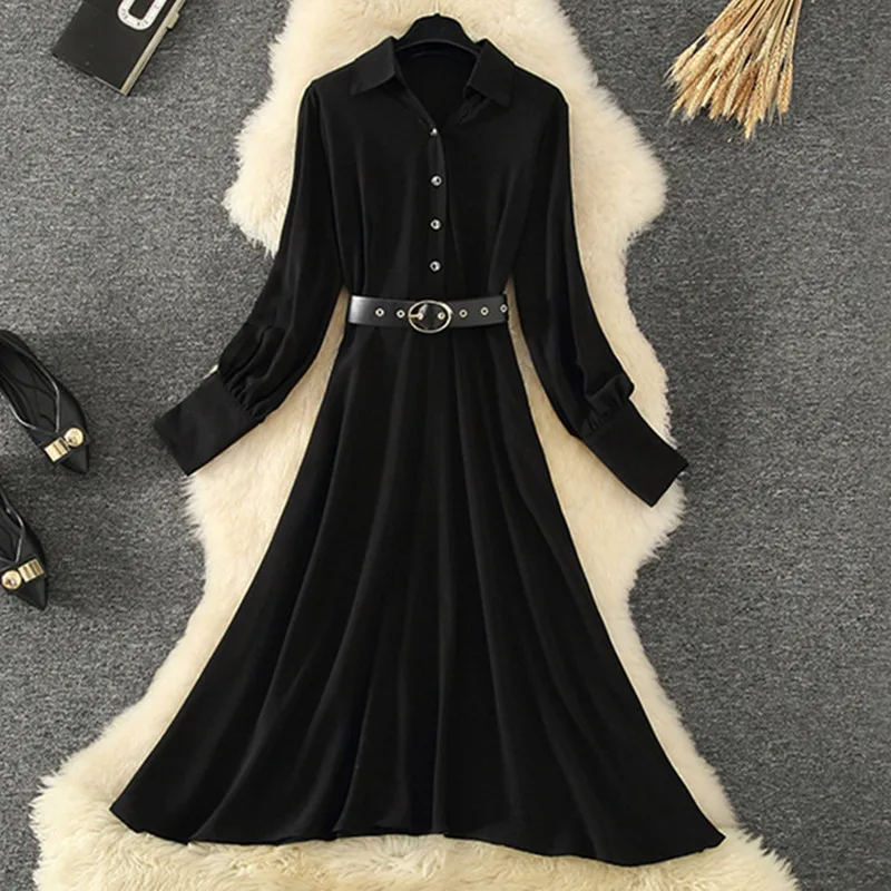 

Женское длинное платье-миди, черное облегающее ТРАПЕЦИЕВИДНОЕ офисное платье-рубашка в простом стиле с длинными рукавами и V-образным вырез...