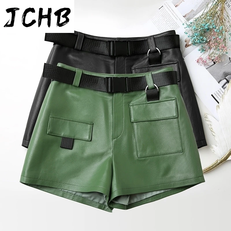 SHZQJCHB Women's Shorts Real Sheepskin High Waist Trousers Genuine Leather Shorts Female Summer Clothes Spodenki Damskie TN2279