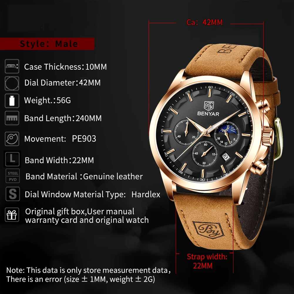 

BENYAR Men Watches Top Brand Luxury Leather Band Waterproof Sport Quartz Chronograph Military Watch Male Clock Relogio Masculino