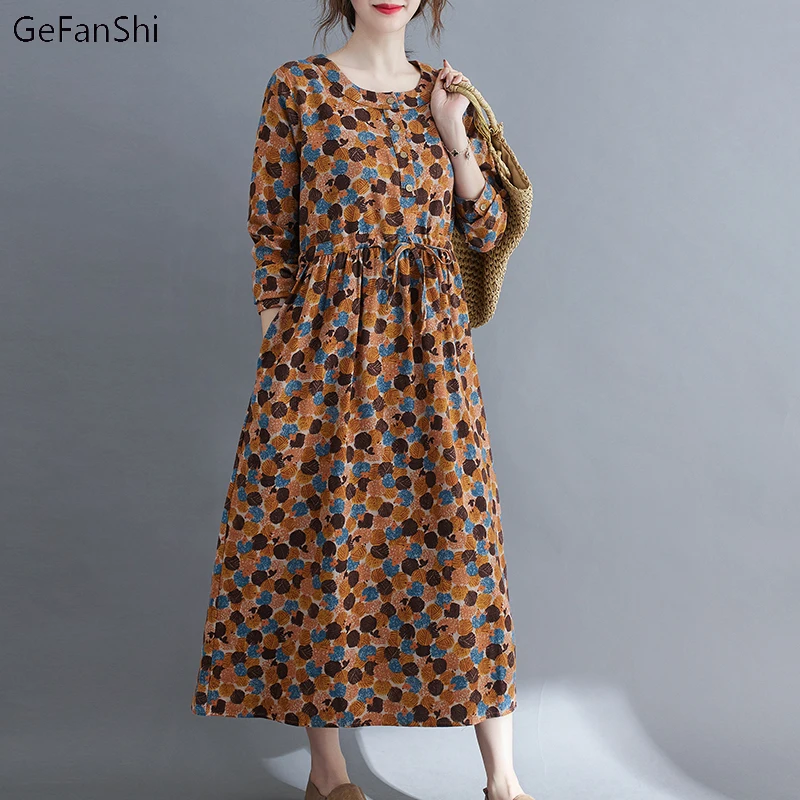 

2022 New Autumn Winter Vintage Solid V-Neck Cotton Linen Women Dress Casual Loose Ladies Dresses Robe Fashion Clothing