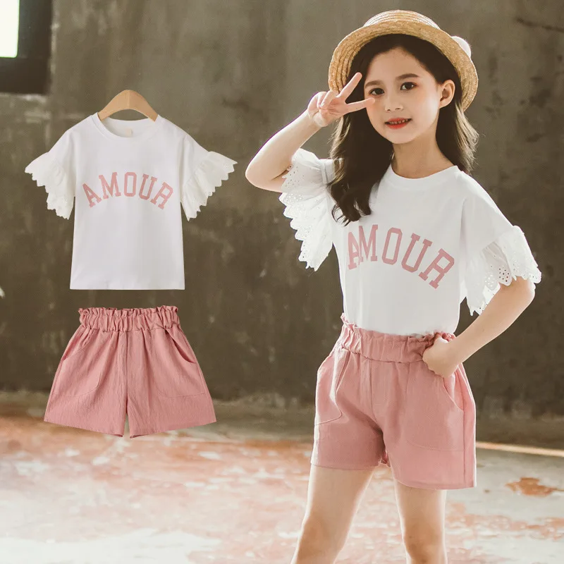 

Summer Girls Clothes Set Children Clothing Outfits Short Sleeve Tops+Shorts Kids Girls Casual Suit Tracksuit 4 6 8 10 12 Years