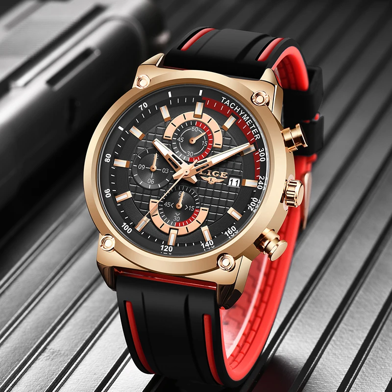 Часы наручные LIGE мужские с хронографом Брендовые спортивные водонепроницаемые в