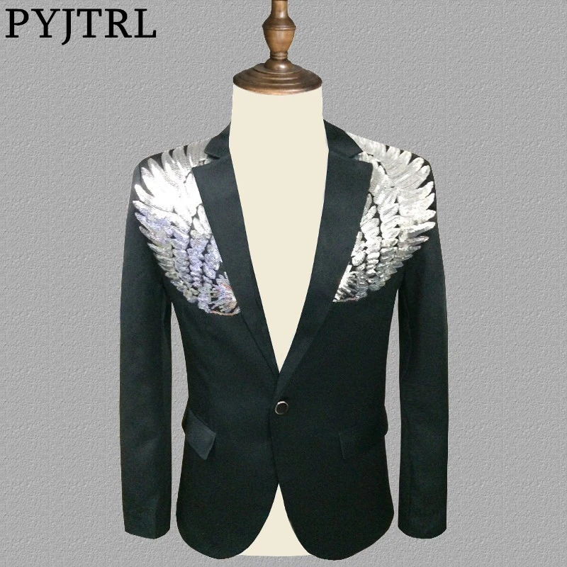 

PYJTRL Blazer Men Stylish Black Silver Wing Sequins Slim Fit Shiny Blazers Party Prom Stage DJ Singers Suit Jacket Costume