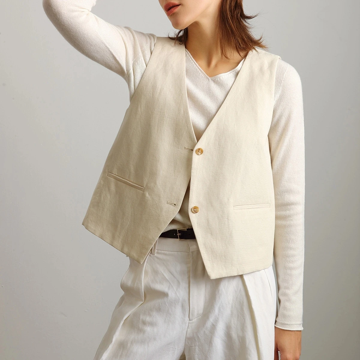 

Women's Suit Vest Jacket V Neck Linen Solid Creamy-White Short Vest Slim-Fitting For Casual Loose Female Vest Clothing 2021