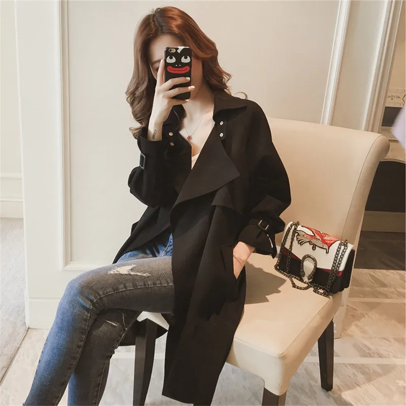 

Long Sleeve With Belt Jackets Vintage Women Windbreaker Spring Mid-length Ladies Casual Trench Coat Basic Outerwears