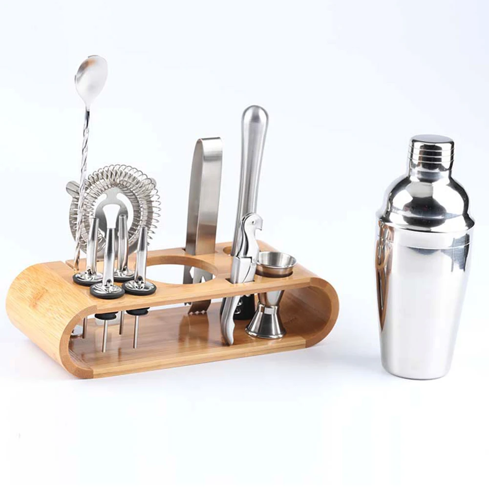 

750ml/550ml Stainless Bar Cocktail Shaker Barware Shaker Set W/ Wood Rack Stainless Steel Cocktail Shaker