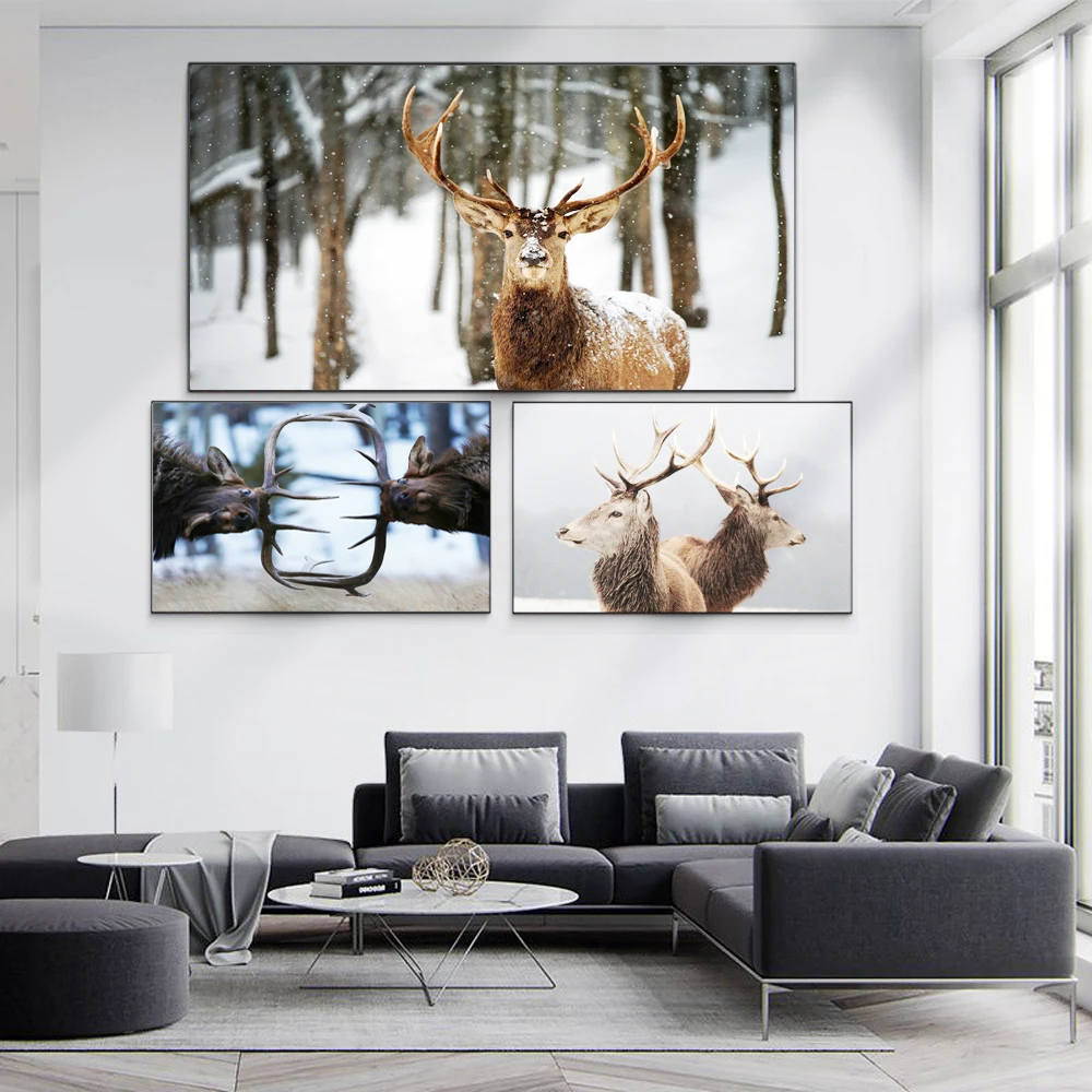 

Animal oil painting elk wall painting in snow corner canvas painting office living room corridor home decoration mural