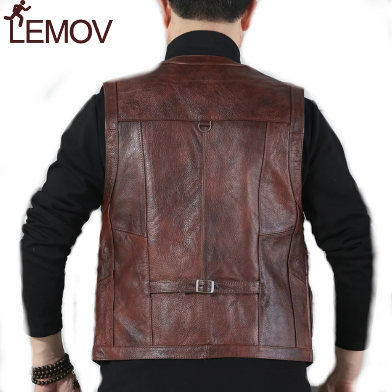 LEMOV брендовый жилет из натуральной коровьей кожи мужской для фотографии с