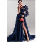 Высококачественные темно-синие фатиновые платья для выпускного вечера с разрезом по бокам и оборками на одно плечо, летние женские вечерние платья трапециевидной формы, Vestido Femme Robe
