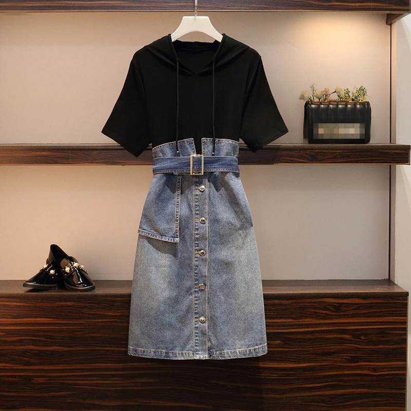 

Летние джинсовые мини-платья в стиле пэчворк с поясом, Элегантные Свободные повседневные платья из двух частей с капюшоном и коротким рукав...