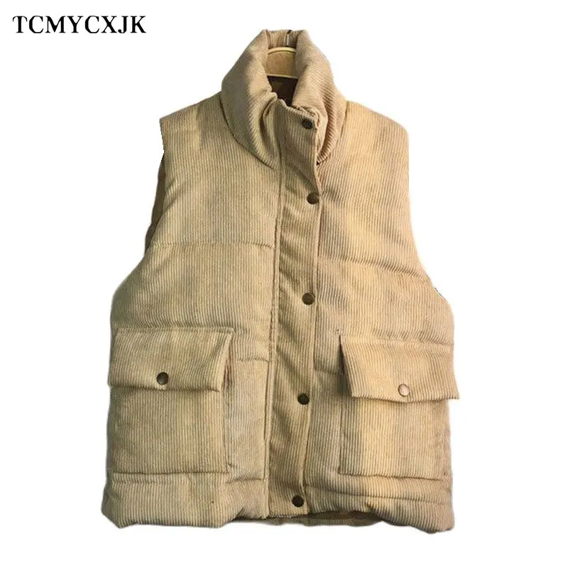 

Новый стиль, хлопковый вельветовый жилет, женский белый жилет, Осень-зима, короткая куртка, жилет, пальто, корейская дикая парка без рукавов ...