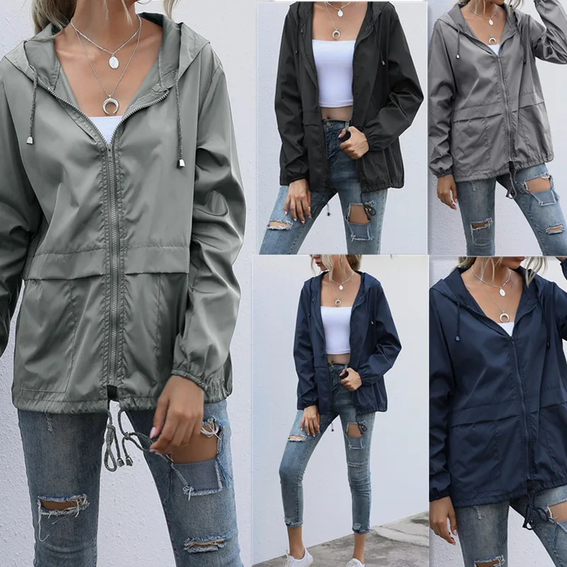 

Women Jacket Zip-up Hoodie Lightweight Outdoor Hiking Waterproof Raincoat Jacket Loose Coat Outdoor Running Bicycle Sports Coat