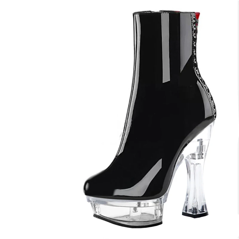 New Women 14cm Night Club Pole Dance Boots Winter Platform Patent Leather Gothic Women 14cm Square Heels Boots