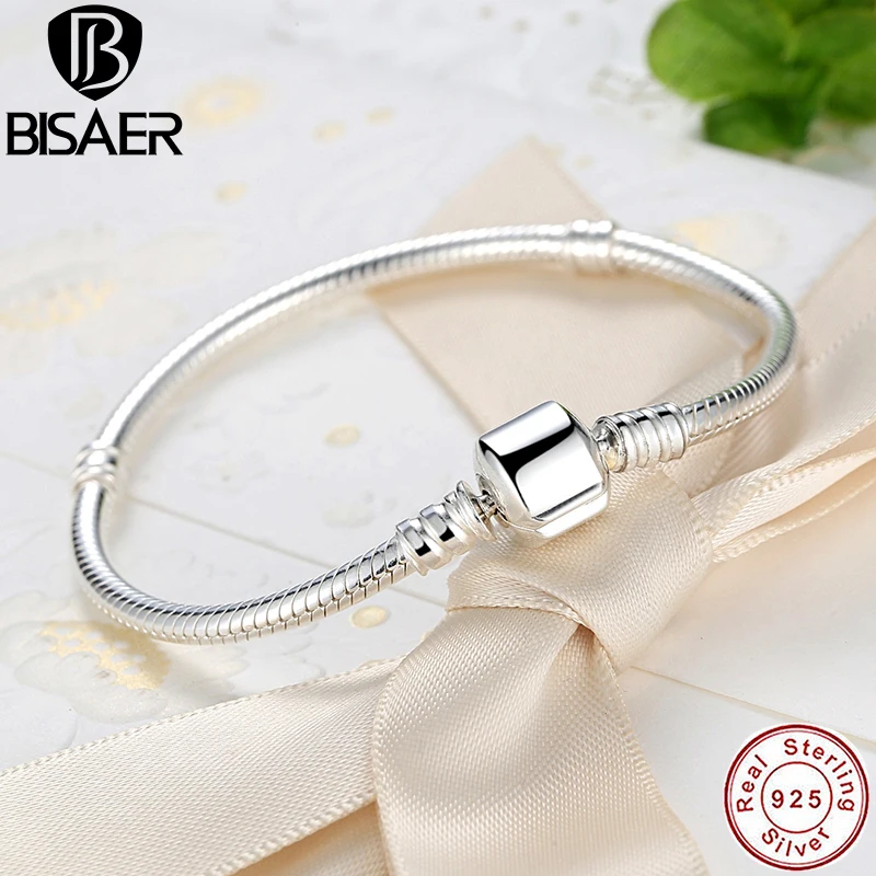 BISAER, Настоящее серебро 925 пробы, Женский Змеиный браслет с цепочкой и бусинами& браслет для шармов, роскошные ювелирные изделия Pulseira WEUS902