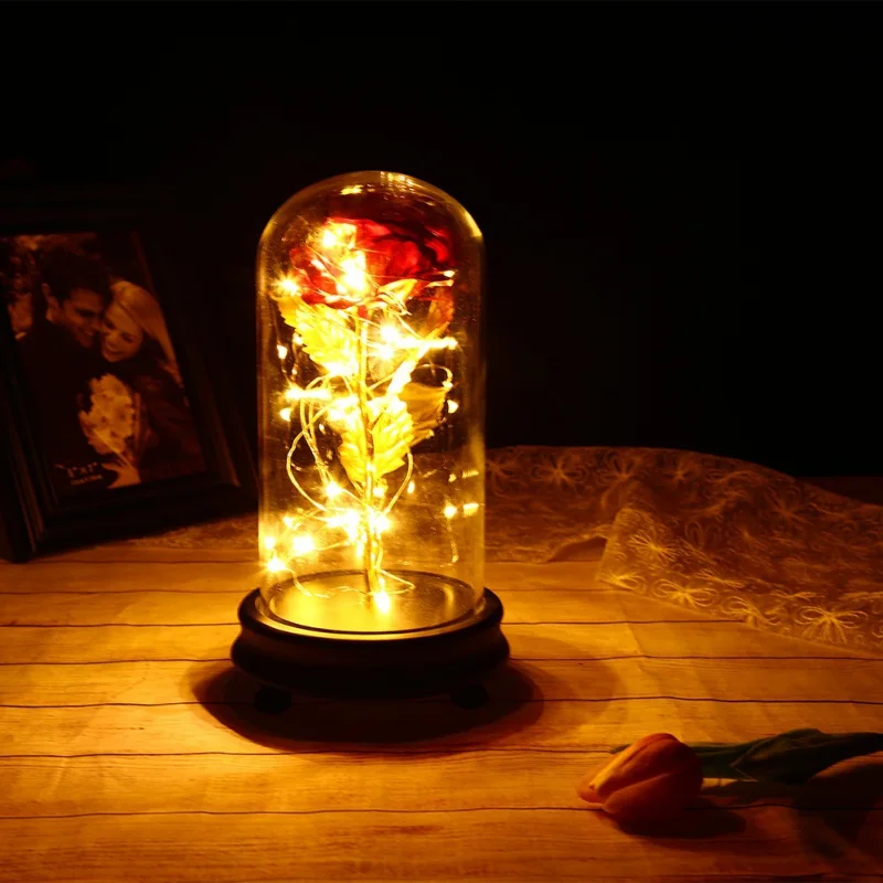3 Colour Beauty And The Beast Red Rose In A Glass Dome On Wooden Base For Valentine's Gifts LED Lamps Christmas | Дом и сад
