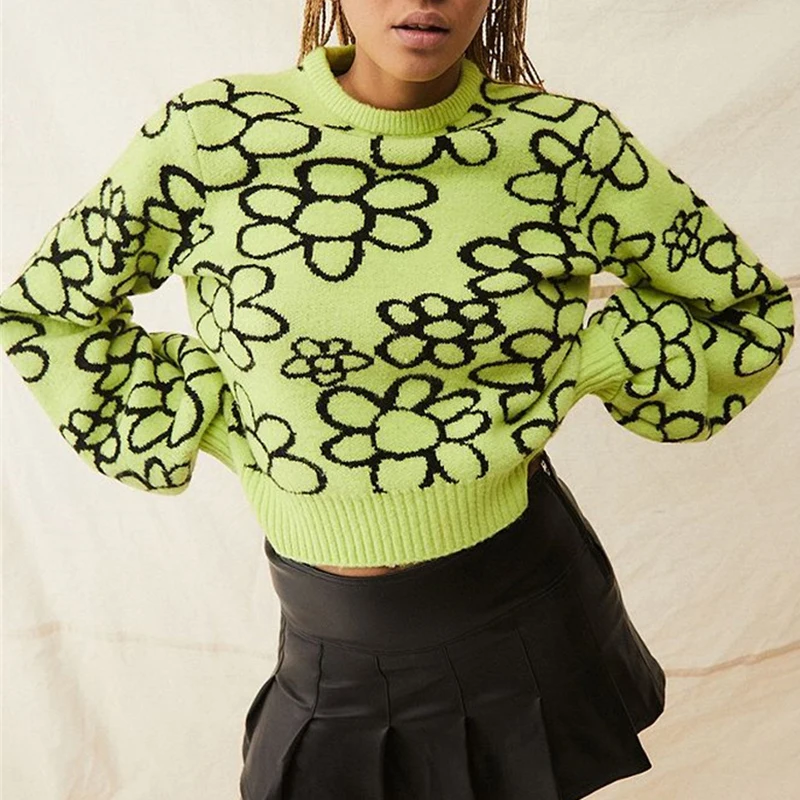 

Scribble Flower Jacquard Knit Jumper Lazy Lime Green Floral Doodle Crop Pullover Sweater Women e-girl 90s Aesthetic Streetwear