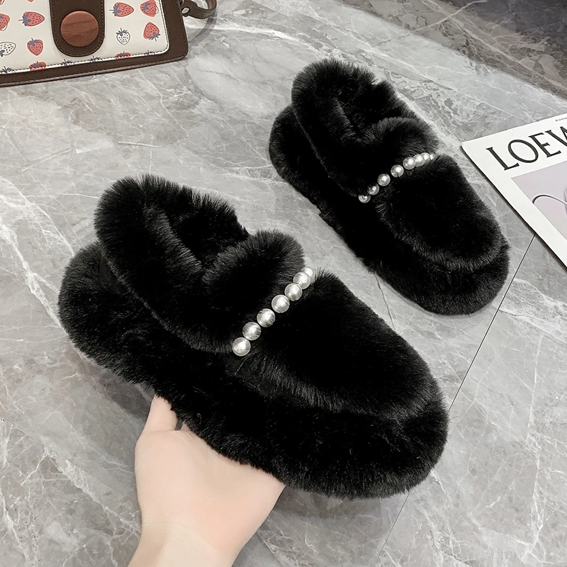 

Зимняя модная женская обувь с мехом, туфли-лодочки, износостойкая Нескользящая женская обувь на плоской подошве, теплая Женская обувь в гор...