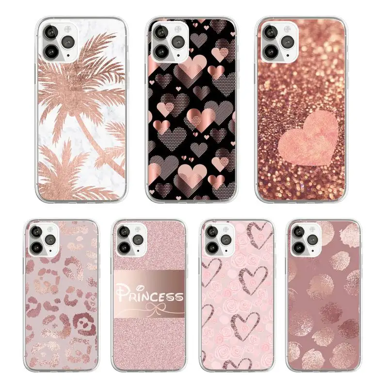 

Gold Rose Love Heart Phone Case Transparent soft For iphone 12 11 13 7 8 6 s plus x xs xr pro max mini