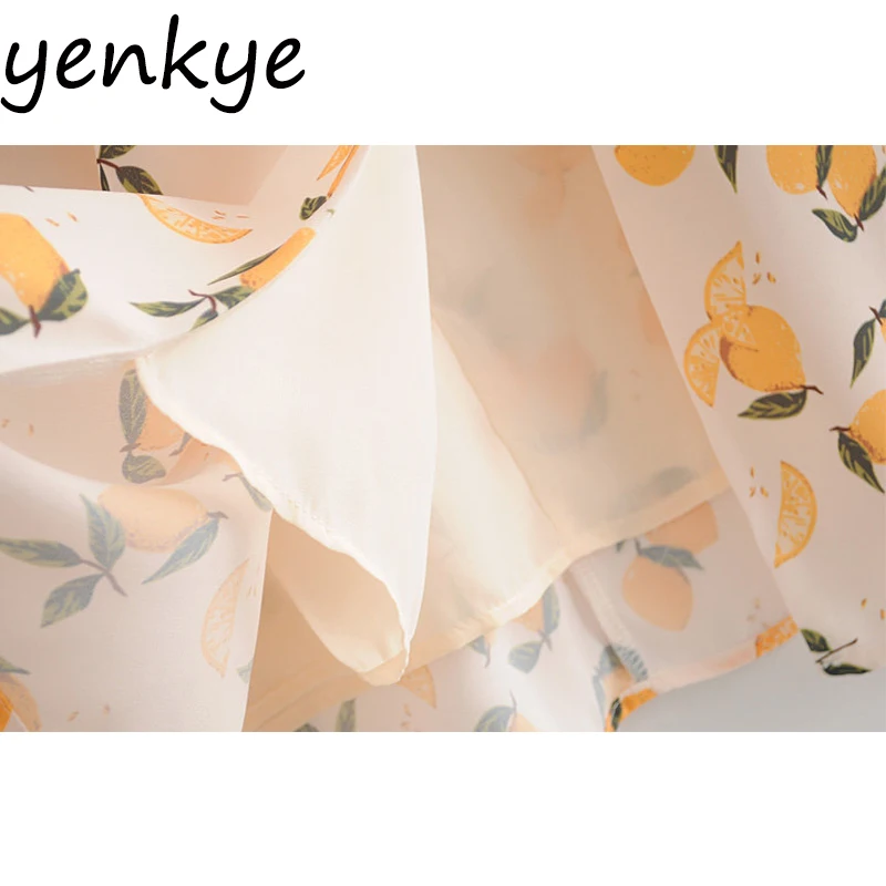 Женское шифоновое платье миди на бретелях спагетти с принтом лимона|Женские