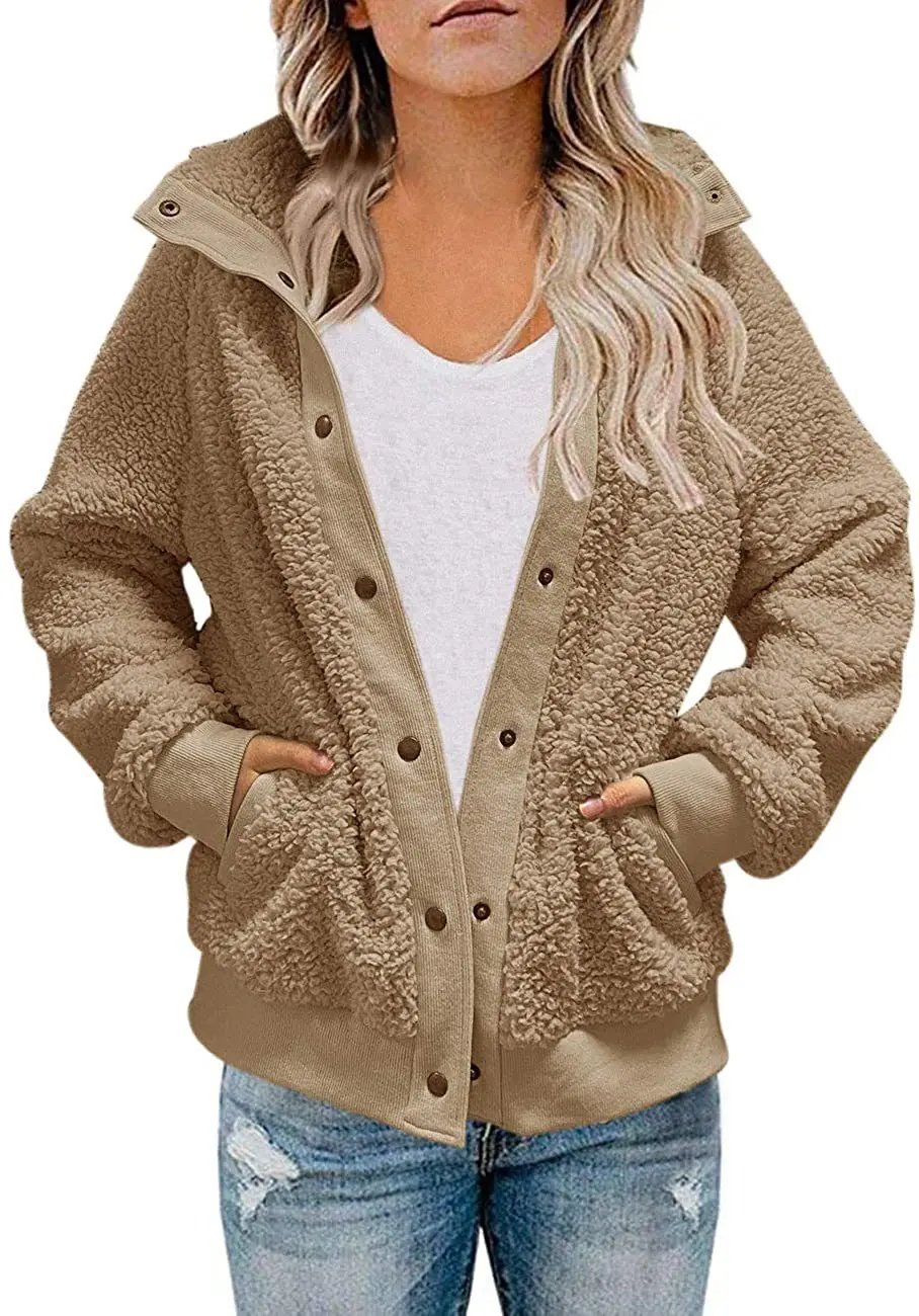 

Winter New Jacket Women Solid Color Warm Streetwear Trendy Stand-Up Collar Wool Fashion Simple Pocket Button Thicken Casual Coat