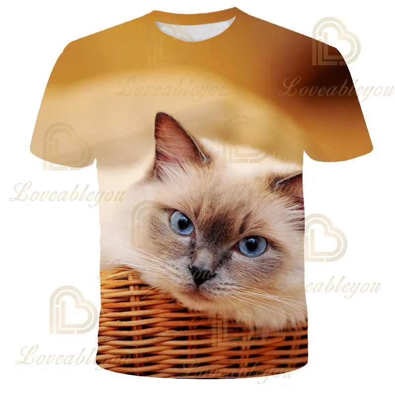 

3D Printing Cute Cat T-shirts Man's Boys T-shirt Short Sleeve Tees Fashion Woman Streetwear Mens Summer Tops